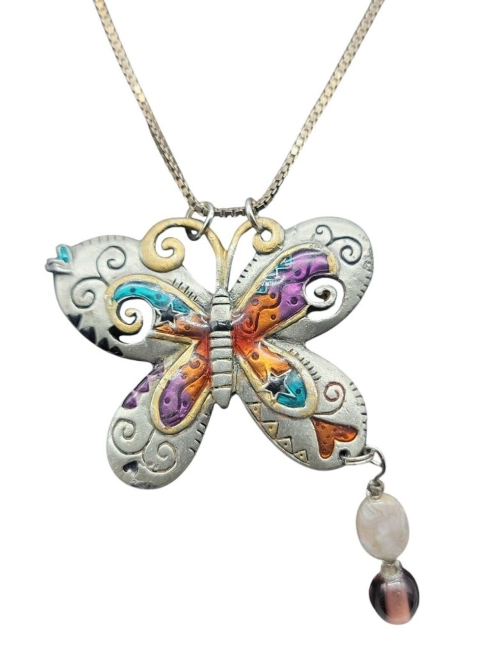 Sterling Silver Butterfly Pendant Necklace Enamel Inlaid 15" 925 Choker Chain - Picture 7 of 16